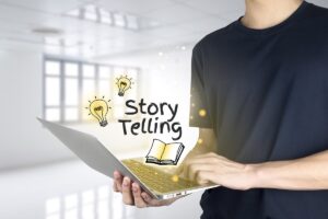 Story telling text floating from laptop